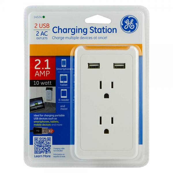 GE Wall Tap Charging Station - 2 Outlets, 2 USB 2.1A Charging Ports